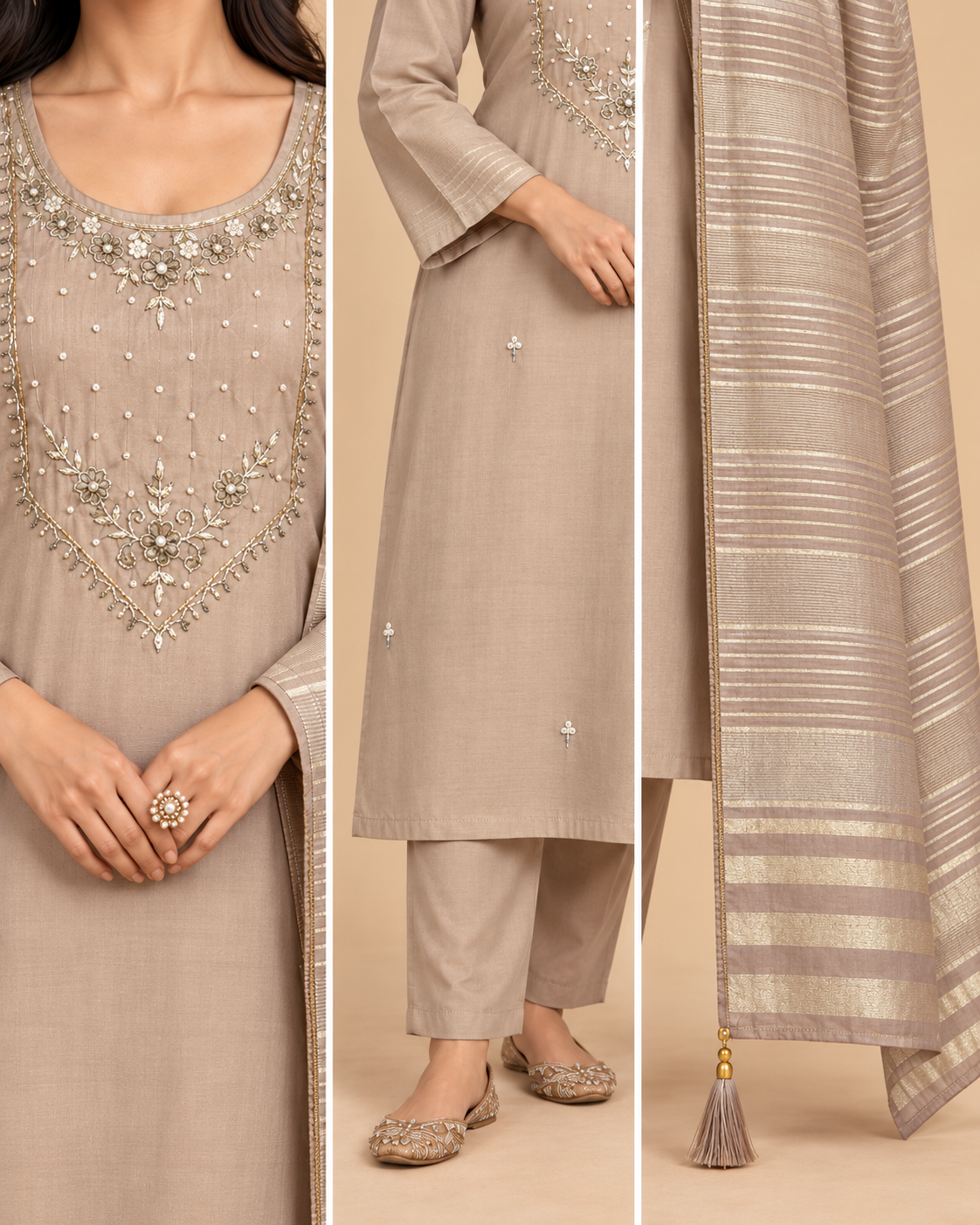 Women’s Heavy Soft Maslin Handwork Kurta Pant Set with Striped Dupatta-PRMP-SE-J-25 [Champagne Beige]