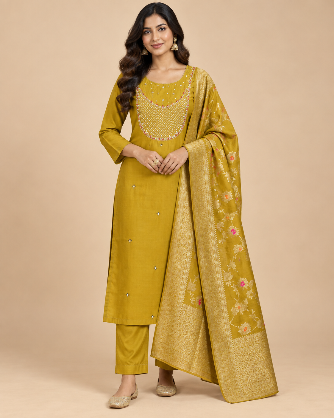 Women’s Soft Muslin Kurta Pant Set with Woven Dupatta-PRMP-SE-J-26[Mustard Yellow]
