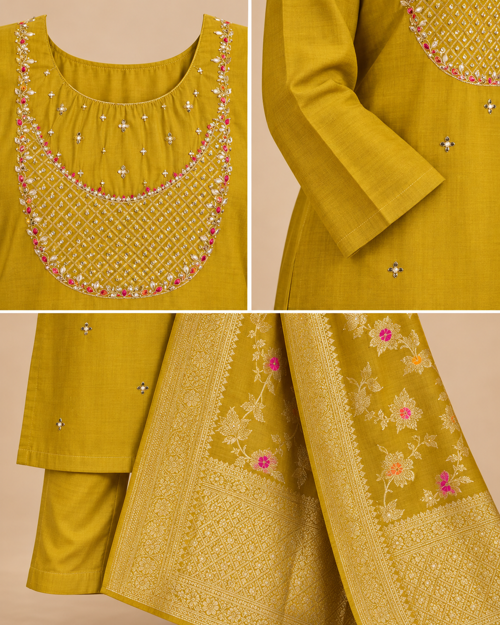 Women’s Soft Muslin Kurta Pant Set with Woven Dupatta-PRMP-SE-J-26[Mustard Yellow]