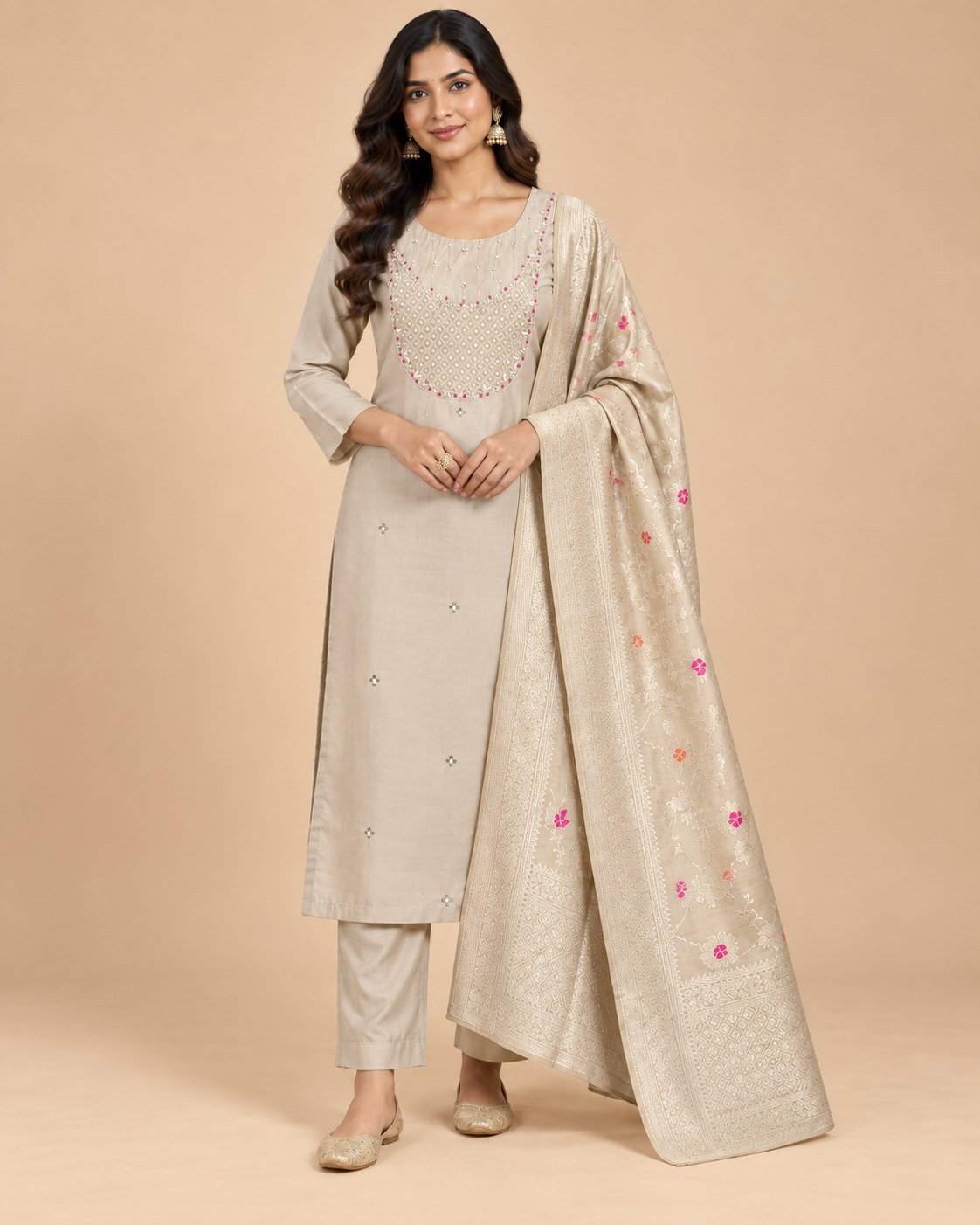 Women’s Soft Muslin Kurta Pant Set with Woven Dupatta-PRMP-SE-J-26[Ivory]