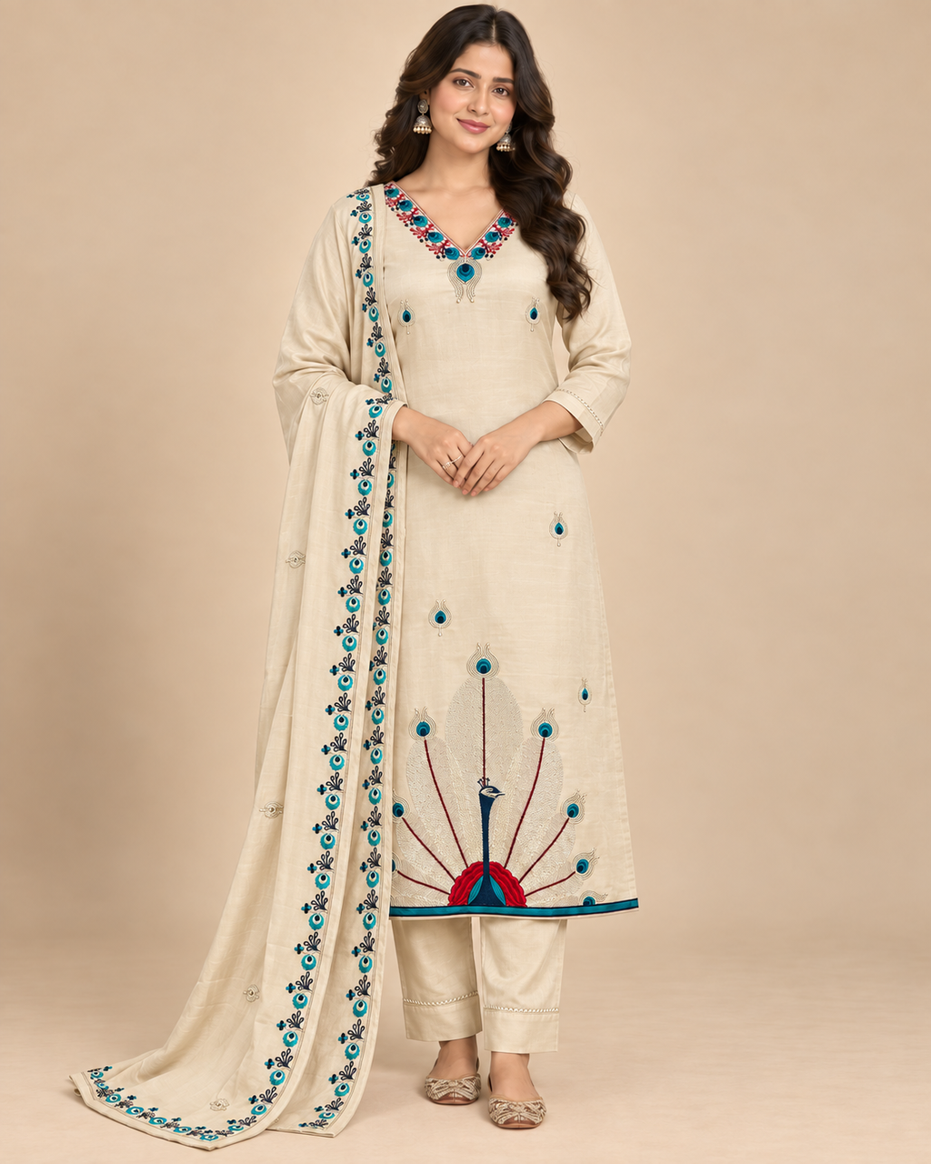 Royal Peacock Embroidered Roman Silk 3-Piece Suit Set-PRMP-SE-J-28[ Ivory]