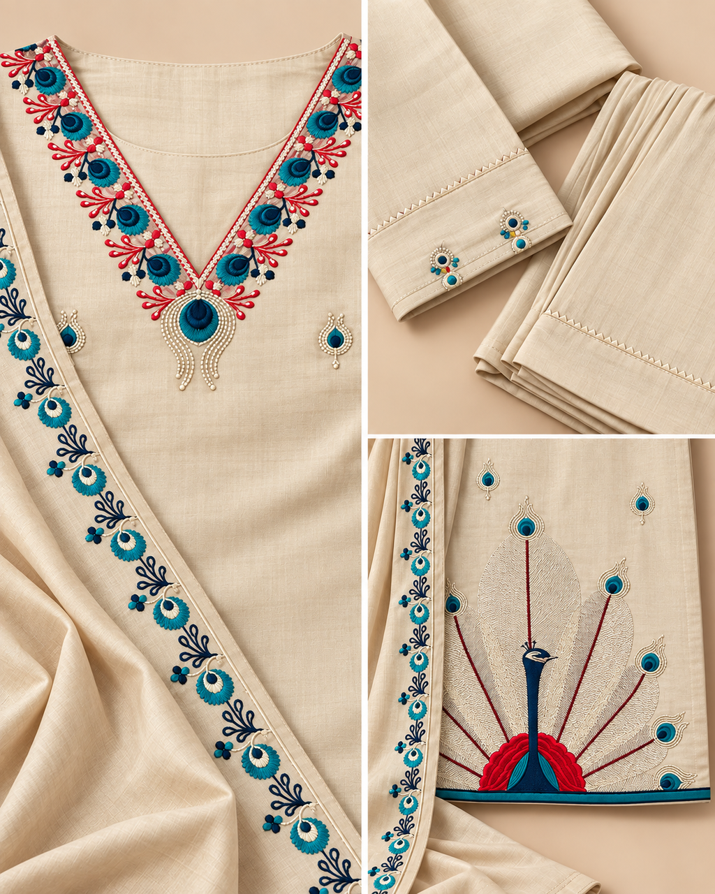 Royal Peacock Embroidered Roman Silk 3-Piece Suit Set-PRMP-SE-J-28[ Ivory]