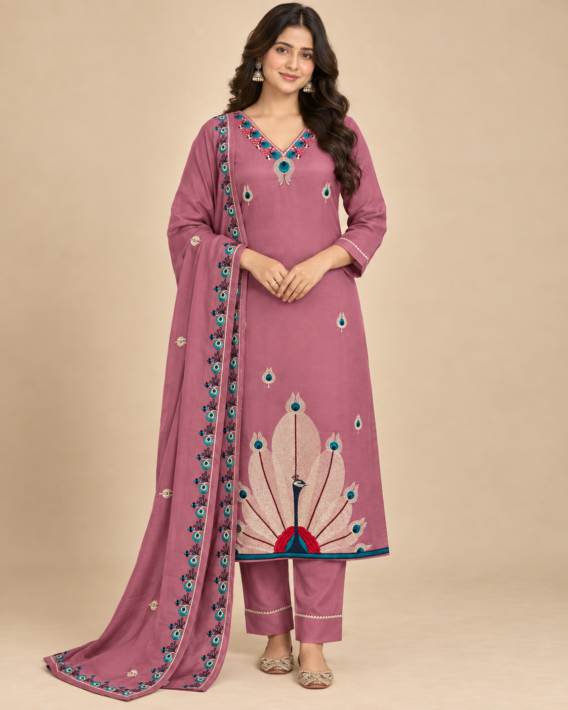 Royal Peacock Embroidered Roman Silk 3-Piece Suit Set-PRMP-SE-J-28[ Dusty Rose Pink]