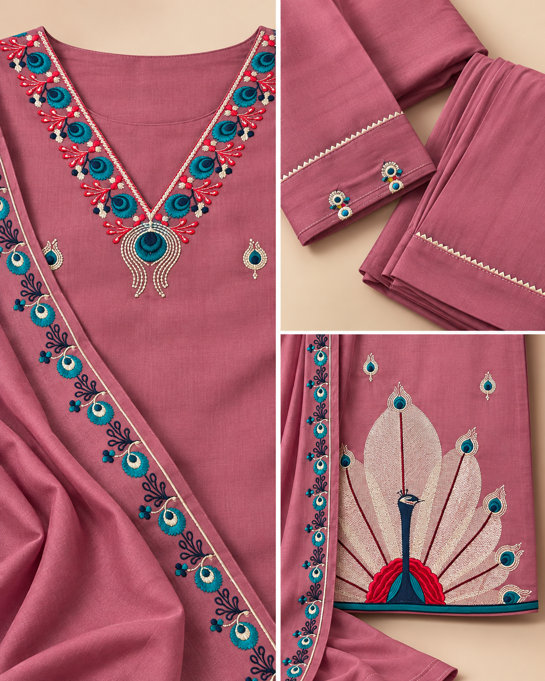 Royal Peacock Embroidered Roman Silk 3-Piece Suit Set-PRMP-SE-J-28[ Dusty Rose Pink]