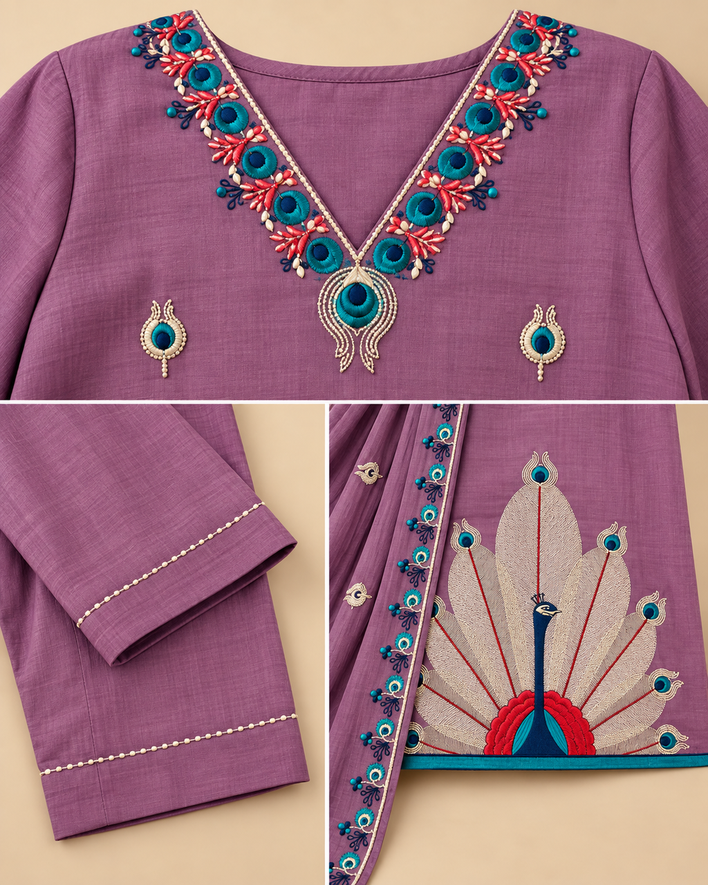 Royal Peacock Embroidered Roman Silk 3-Piece Suit Set-PRMP-SE-J-28[ Dusty Mauve Purple]