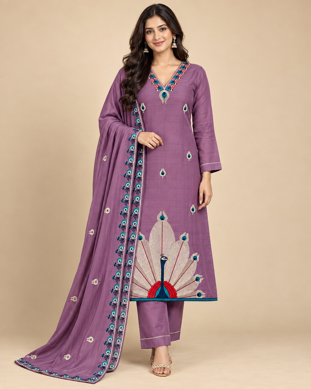 Royal Peacock Embroidered Roman Silk 3-Piece Suit Set-PRMP-SE-J-28[ Dusty Mauve Purple]