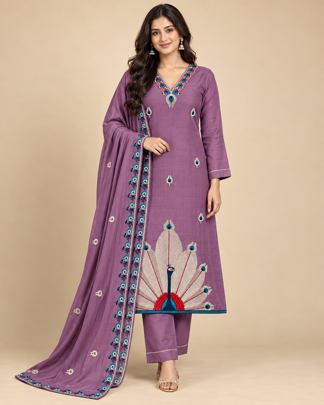 Royal Peacock Embroidered Roman Silk 3-Piece Suit Set-PRMP-SE-J-28[ Dusty Mauve Purple]