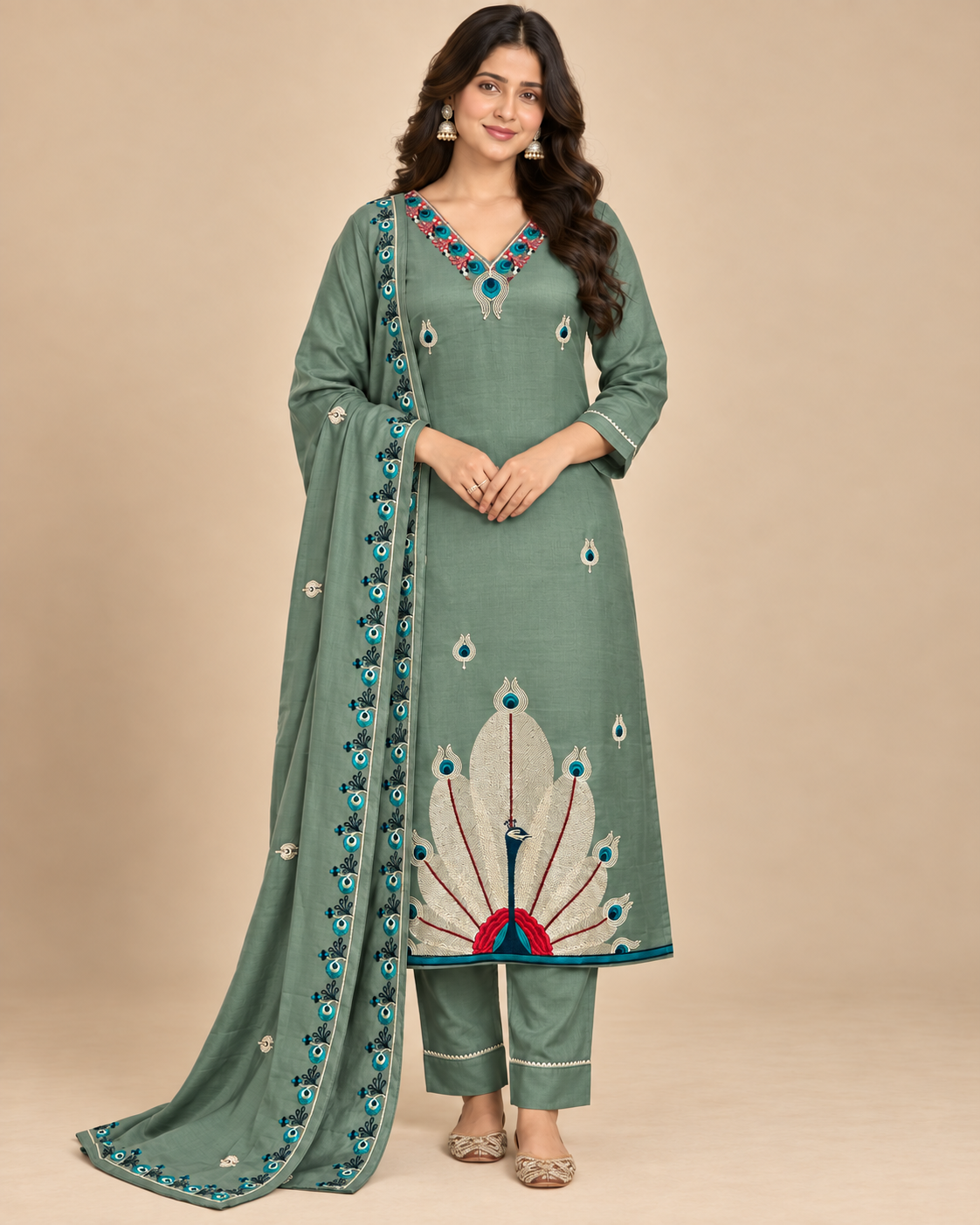 Royal Peacock Embroidered Roman Silk 3-Piece Suit Set-PRMP-SE-J-28[ Sage Green]