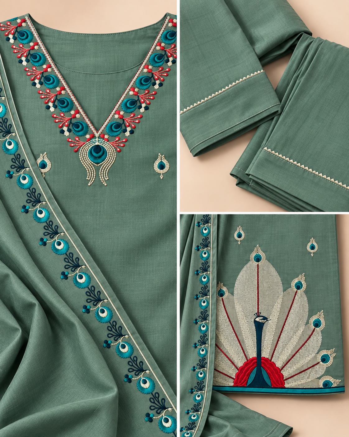 Royal Peacock Embroidered Roman Silk 3-Piece Suit Set-PRMP-SE-J-28[ Sage Green]