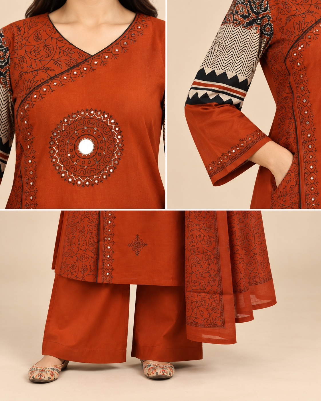 Women’s Dabu Print Cotton Angrakha 3-Piece Palazzo set  with Mirror & Katha Work-PRMP-SE-J-29 [Rust Orange]