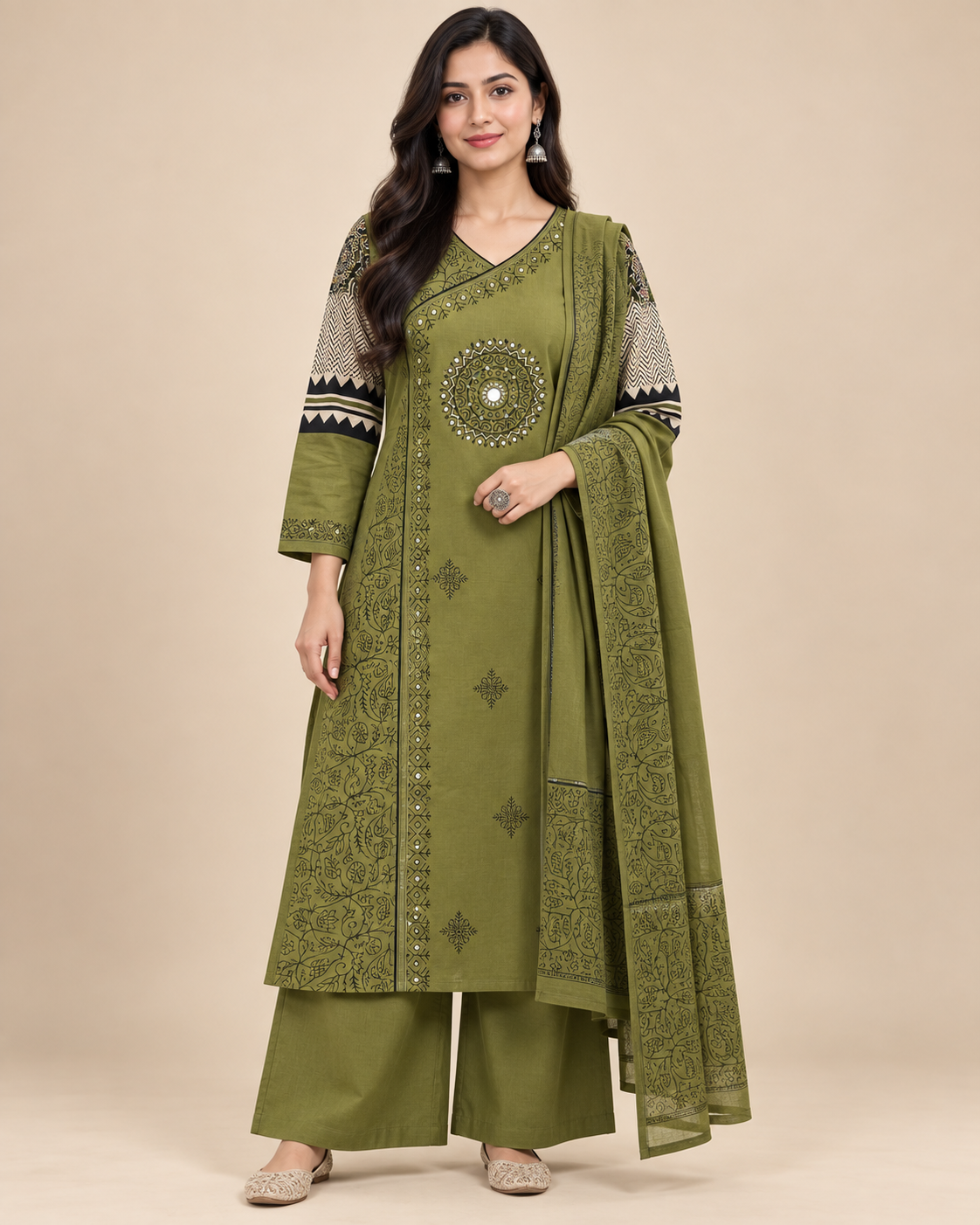 Women’s Dabu Print Cotton Angrakha 3-Piece Palazzo set  with Mirror & Katha Work-PRMP-SE-J-29 [Olive Green]