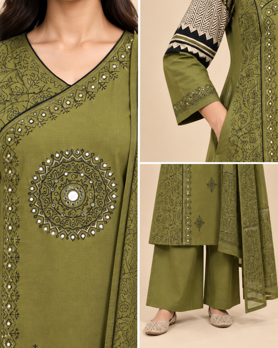 Women’s Dabu Print Cotton Angrakha 3-Piece Palazzo set  with Mirror & Katha Work-PRMP-SE-J-29 [Rust Orange]