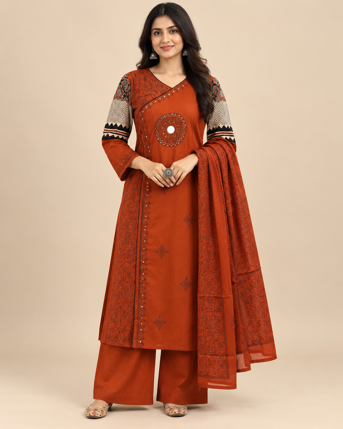 Women’s Dabu Print Cotton Angrakha 3-Piece Palazzo set  with Mirror & Katha Work-PRMP-SE-J-29 [Rust Orange]