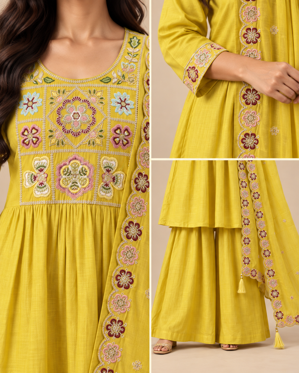 Embroidered Maslin Silk Kurti Sharara Palazzo Set with Dupatta – 3 Piece-PRMP-SE-J-31