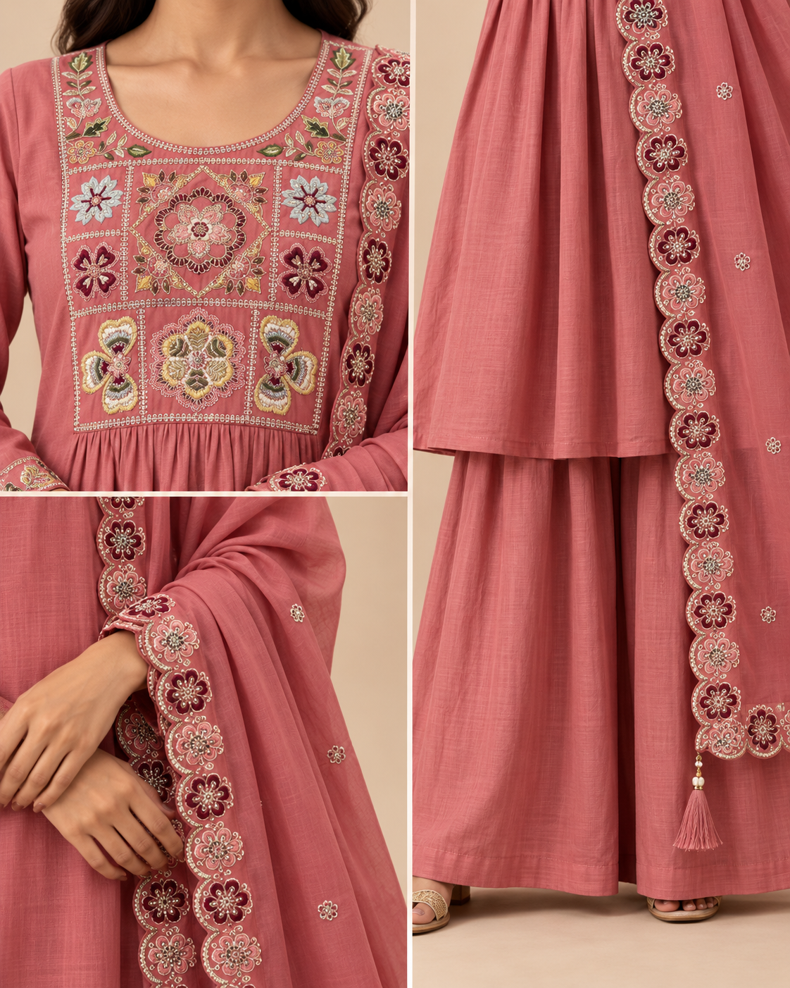 Embroidered Maslin Silk Kurti Sharara Palazzo Set with Dupatta – 3 Piece-PRMP-SE-J-31