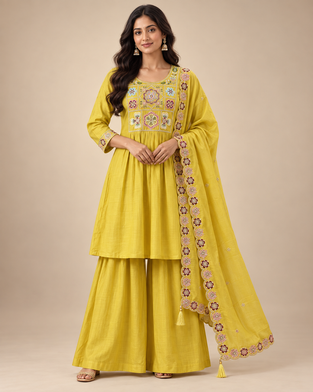 Embroidered Maslin Silk Kurti Sharara Palazzo Set with Dupatta – 3 Piece-PRMP-SE-J-31
