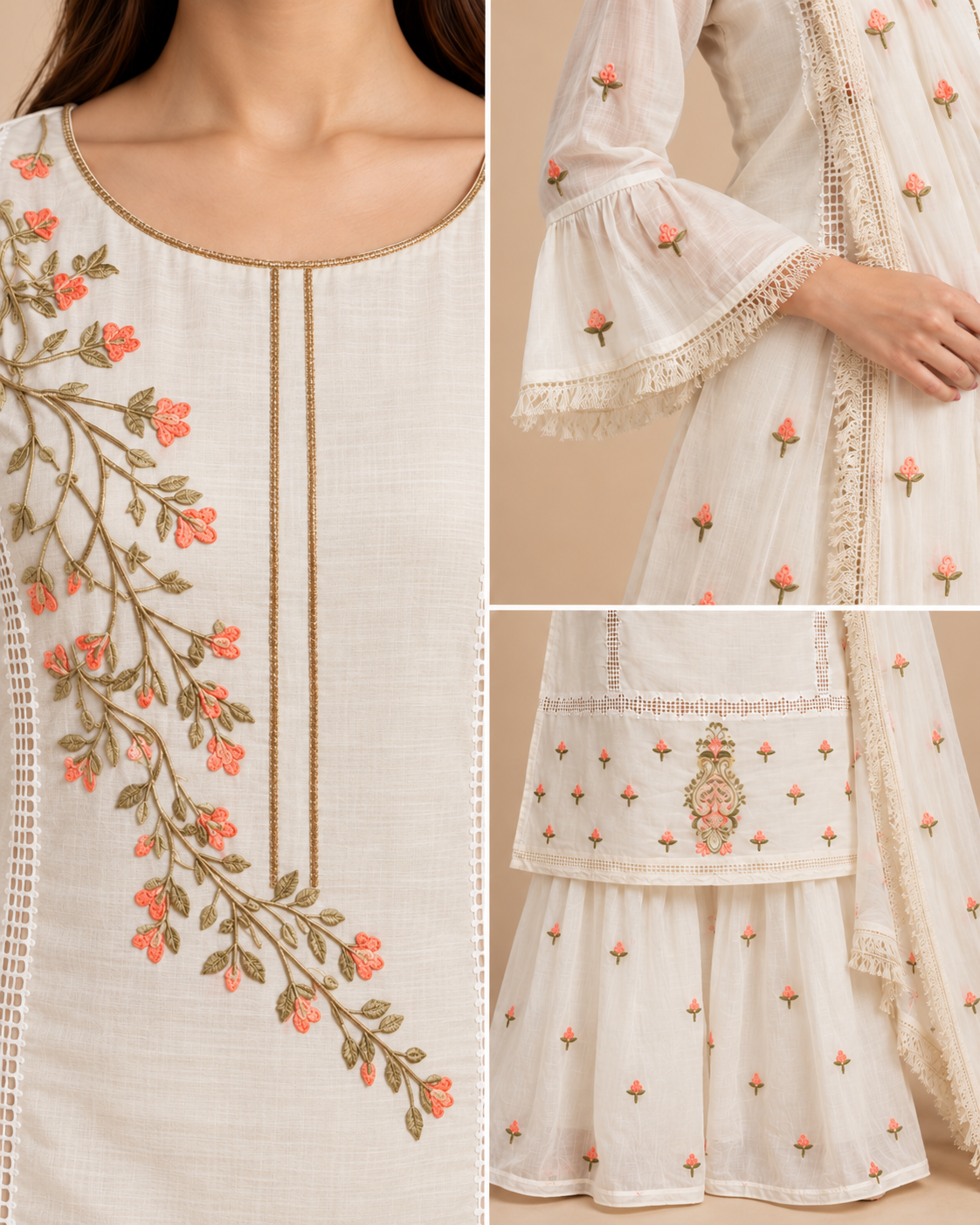 Ivory Embroidered Chanderi Kurta Sharara Set with Dupatta – 3 Piece-PRMP-SE-J-32
