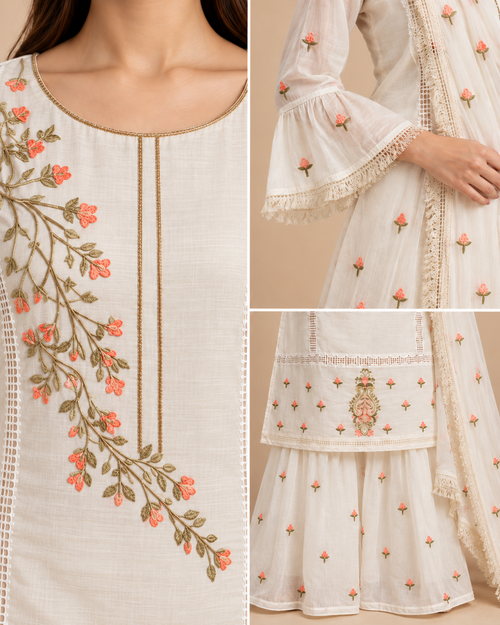 Ivory Embroidered Chanderi Kurta Sharara Set with Dupatta – 3 Piece-PRMP-SE-J-32