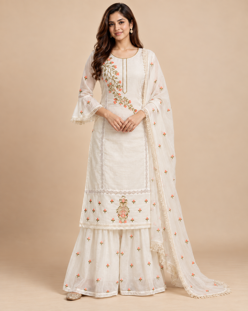 Ivory Embroidered Chanderi Kurta Sharara Set with Dupatta – 3 Piece-PRMP-SE-J-32