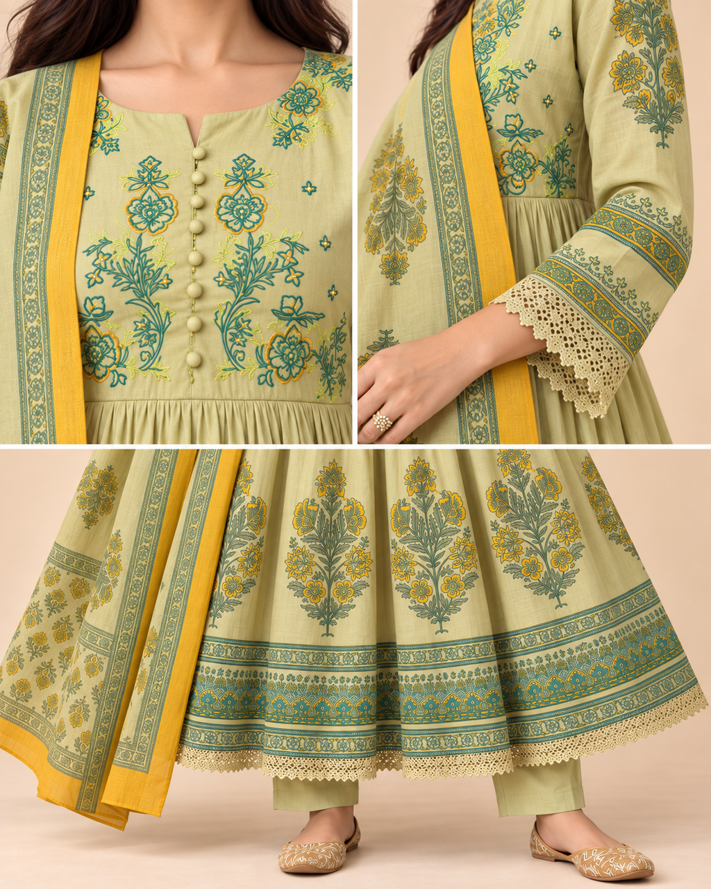 Sage Green Embroidered Anarkali Kurta Pant Dupatta Set for Women-PRMP-SE-J-33