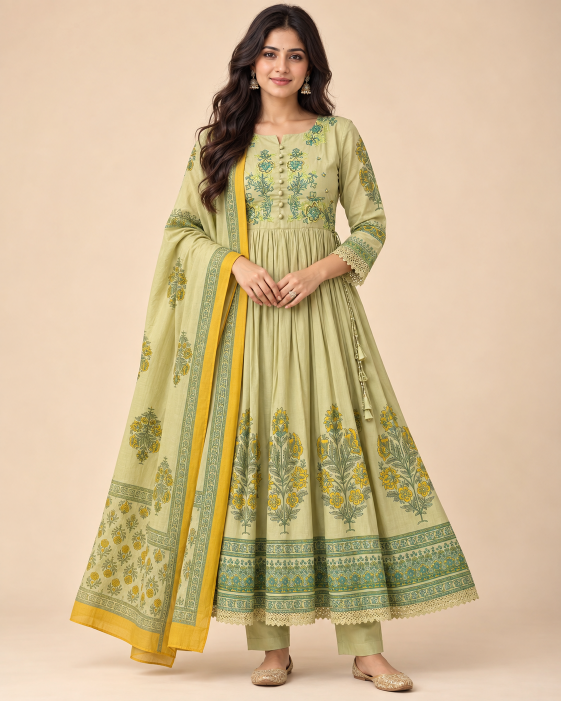 Sage Green Embroidered Anarkali Kurta Pant Dupatta Set for Women-PRMP-SE-J-33
