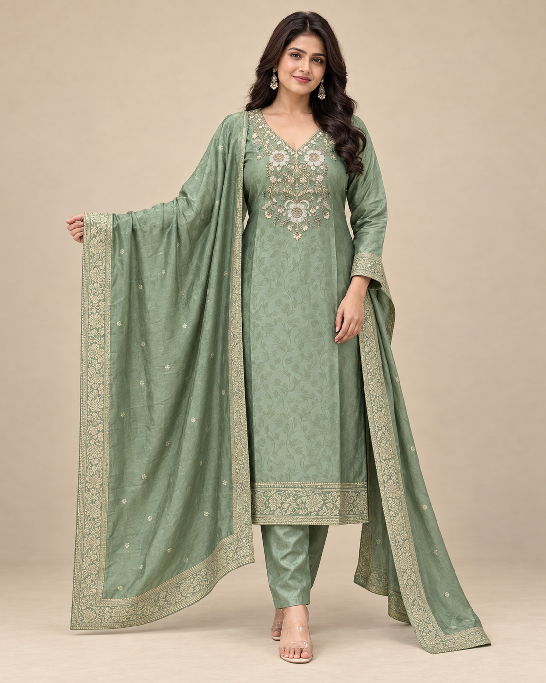 Sage Green Malay Glass Tissue 3-Piece Kurta Pant Set with Handwork & Jacquard Dupatta-PRMP-SE-J-34[Sage Green]