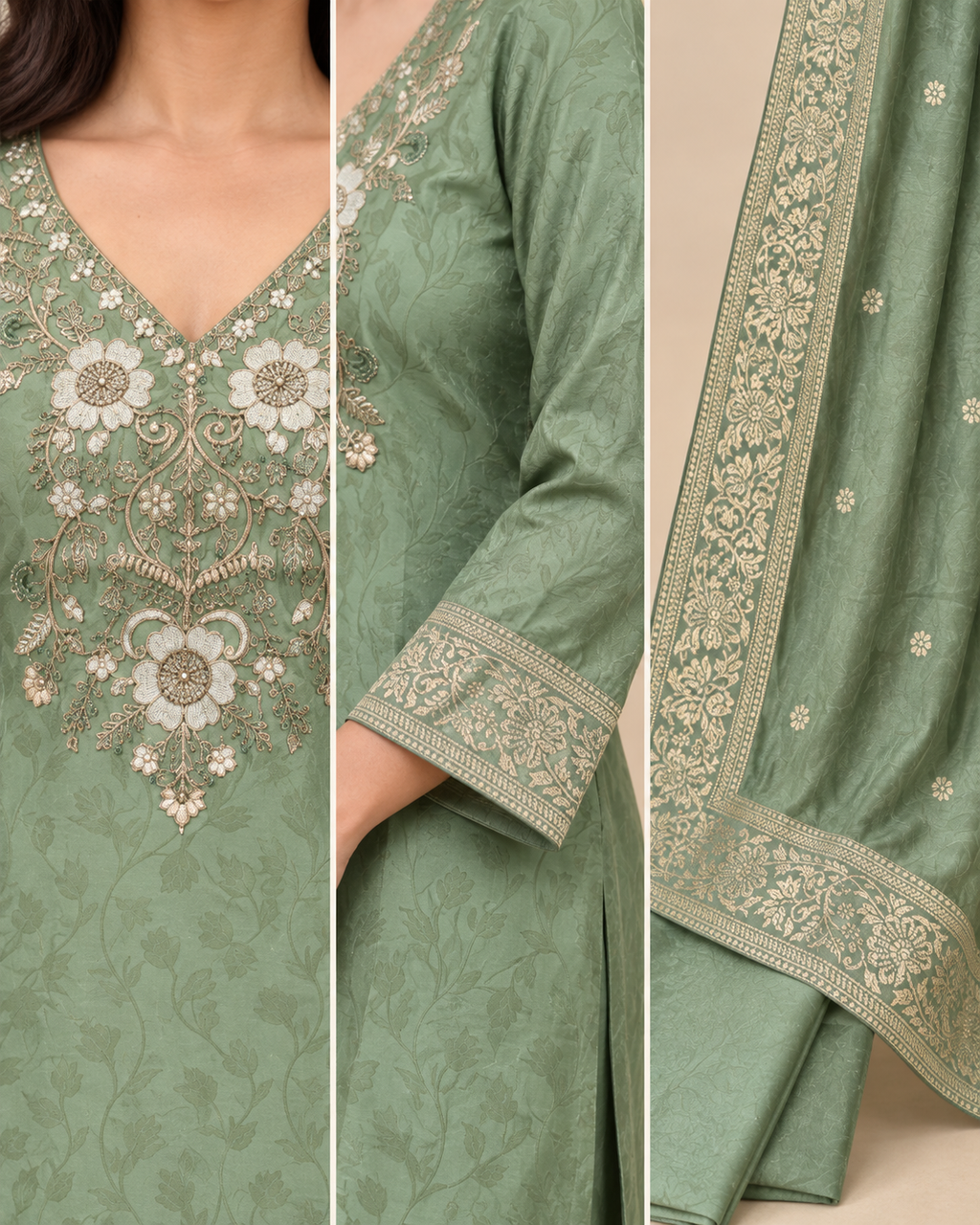 Sage Green Malay Glass Tissue 3-Piece Kurta Pant Set with Handwork & Jacquard Dupatta-PRMP-SE-J-34[Sage Green]