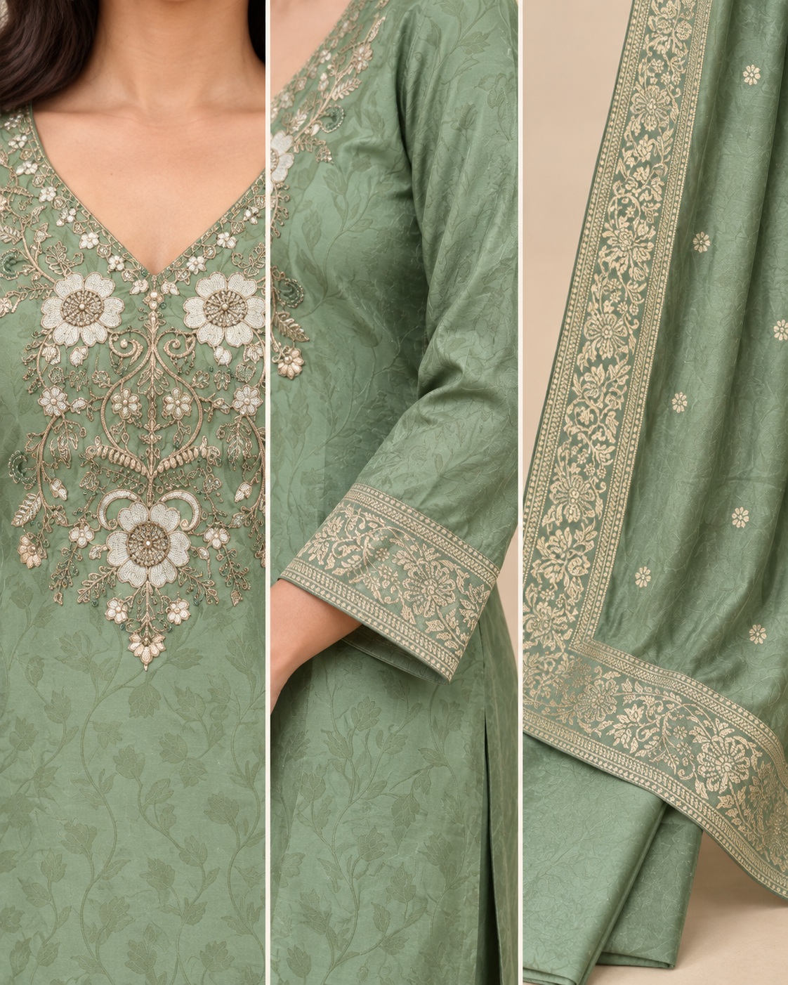 Sage Green Malay Glass Tissue 3-Piece Kurta Pant Set with Handwork & Jacquard Dupatta-PRMP-SE-J-34[Sage Green]