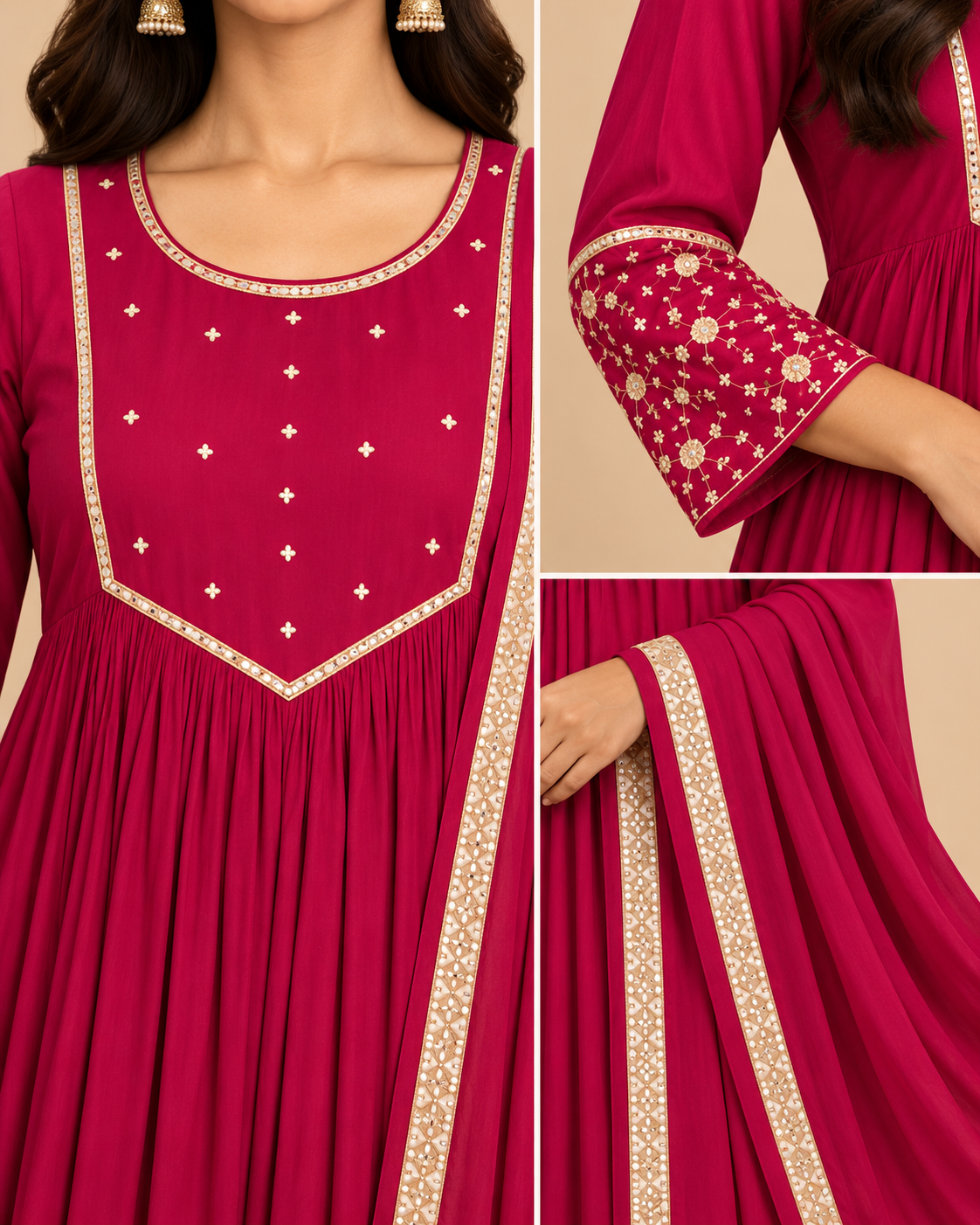 Premium Mul Chanderi 3-Piece Kurta Pant Set with Handwork & Lace Dupatta-PRMP-SE-J-35[Rani Pink]