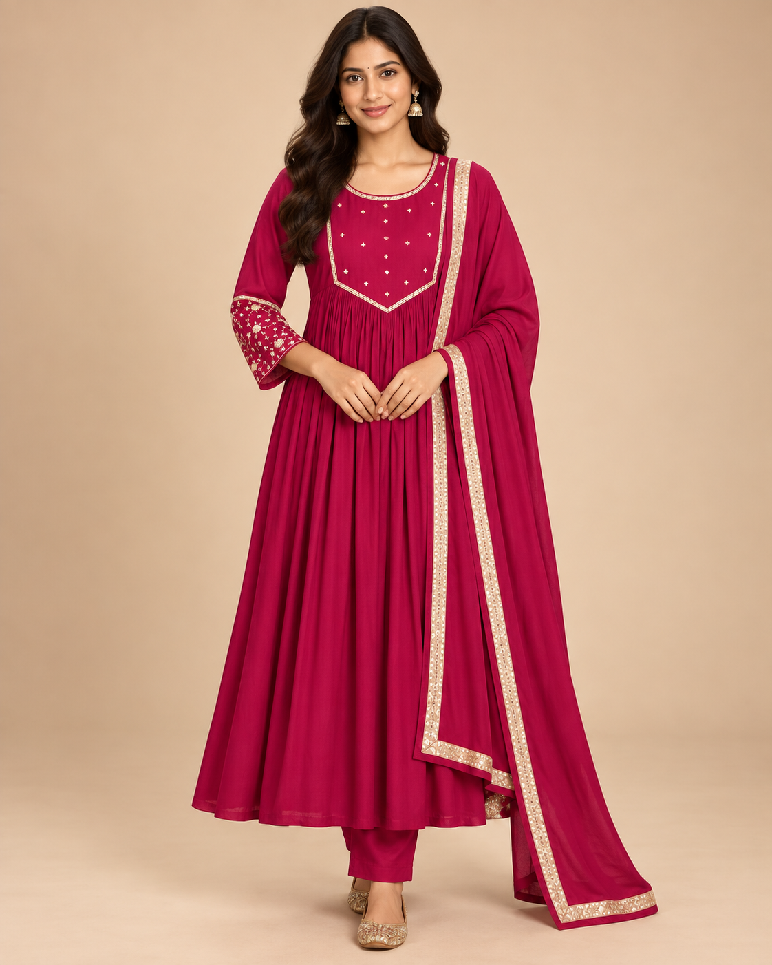 Premium Mul Chanderi 3-Piece Kurta Pant Set with Handwork & Lace Dupatta-PRMP-SE-J-35[Rani Pink]