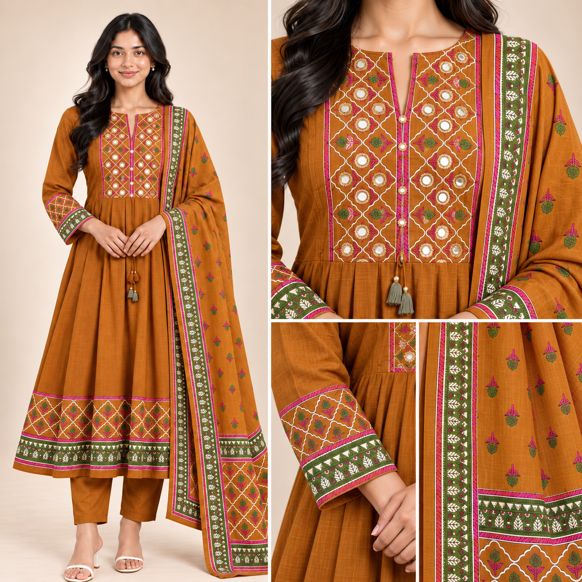 Women’s Premium Cotton 12 Kali Anarkali Suit Set with Handwork Yoke [Rust Orange]
