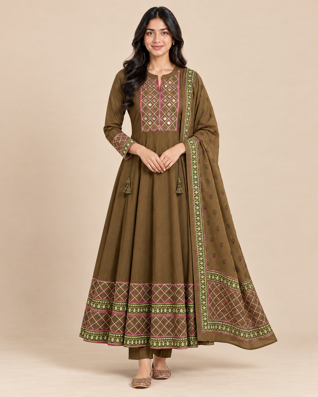 Women’s Premium Cotton 12 Kali Anarkali Suit Set with Handwork Yoke [Olive Brown]