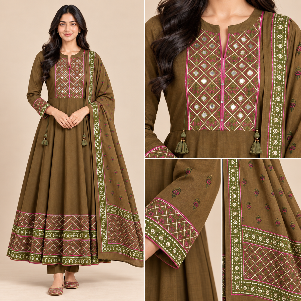 Women’s Premium Cotton 12 Kali Anarkali Suit Set with Handwork Yoke [Olive Brown]