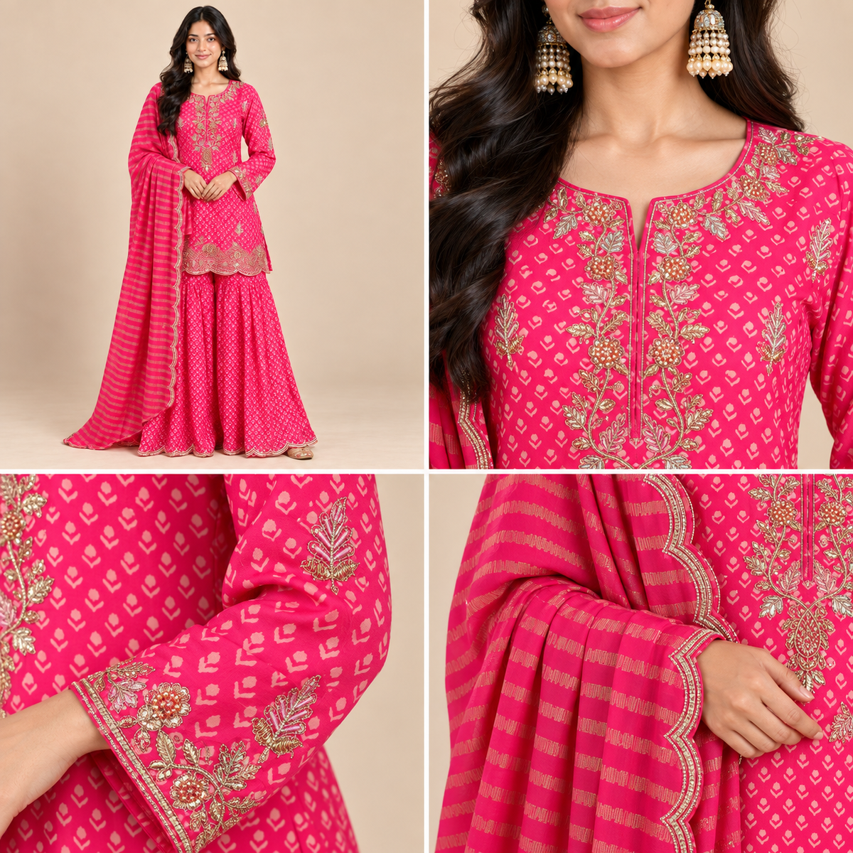 Embroidered Chinon Kurti Sharara Set with Border Dupatta [Rani Pink]