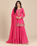 Embroidered Chinon Kurti Sharara Set with Border Dupatta [Rani Pink]