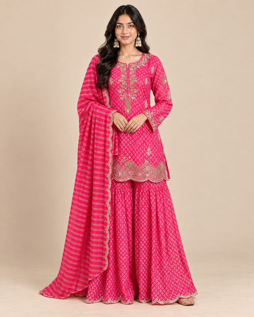 Embroidered Chinon Kurti Sharara Set with Border Dupatta [Rani Pink]