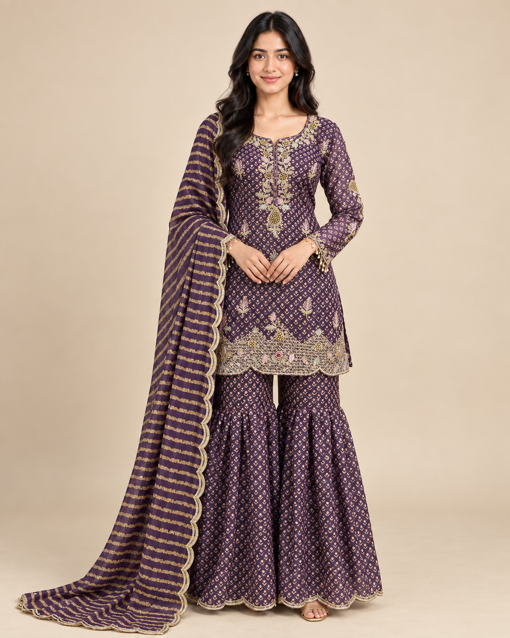 Embroidered Chinon Kurti Sharara Set with Border Dupatta [Deep Purple]