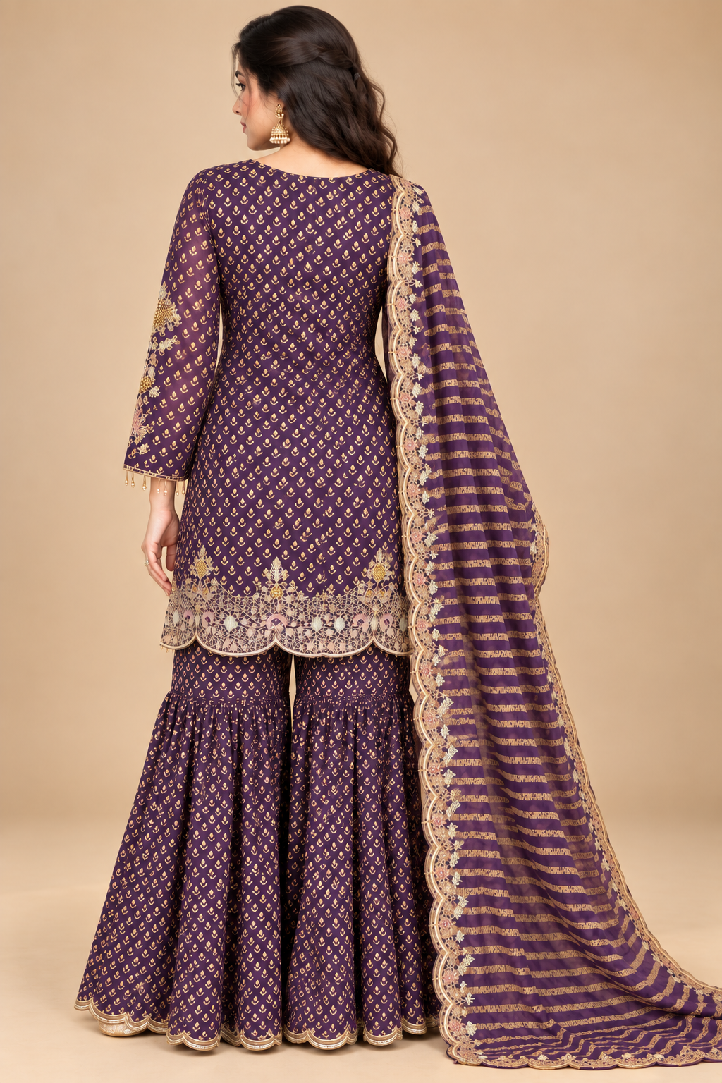 Embroidered Chinon Kurti Sharara Set with Border Dupatta [Deep Purple]