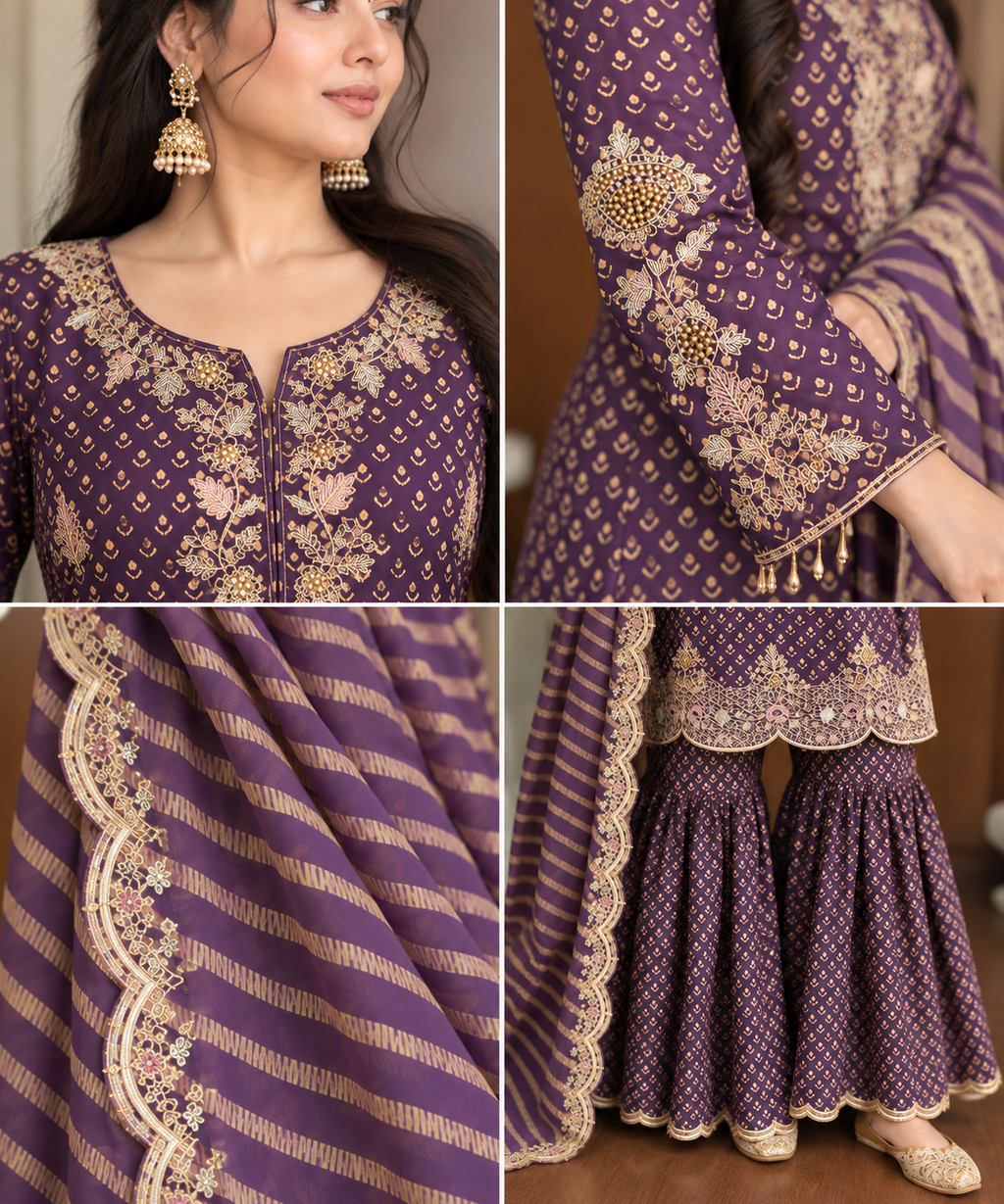 Embroidered Chinon Kurti Sharara Set with Border Dupatta [Deep Purple]
