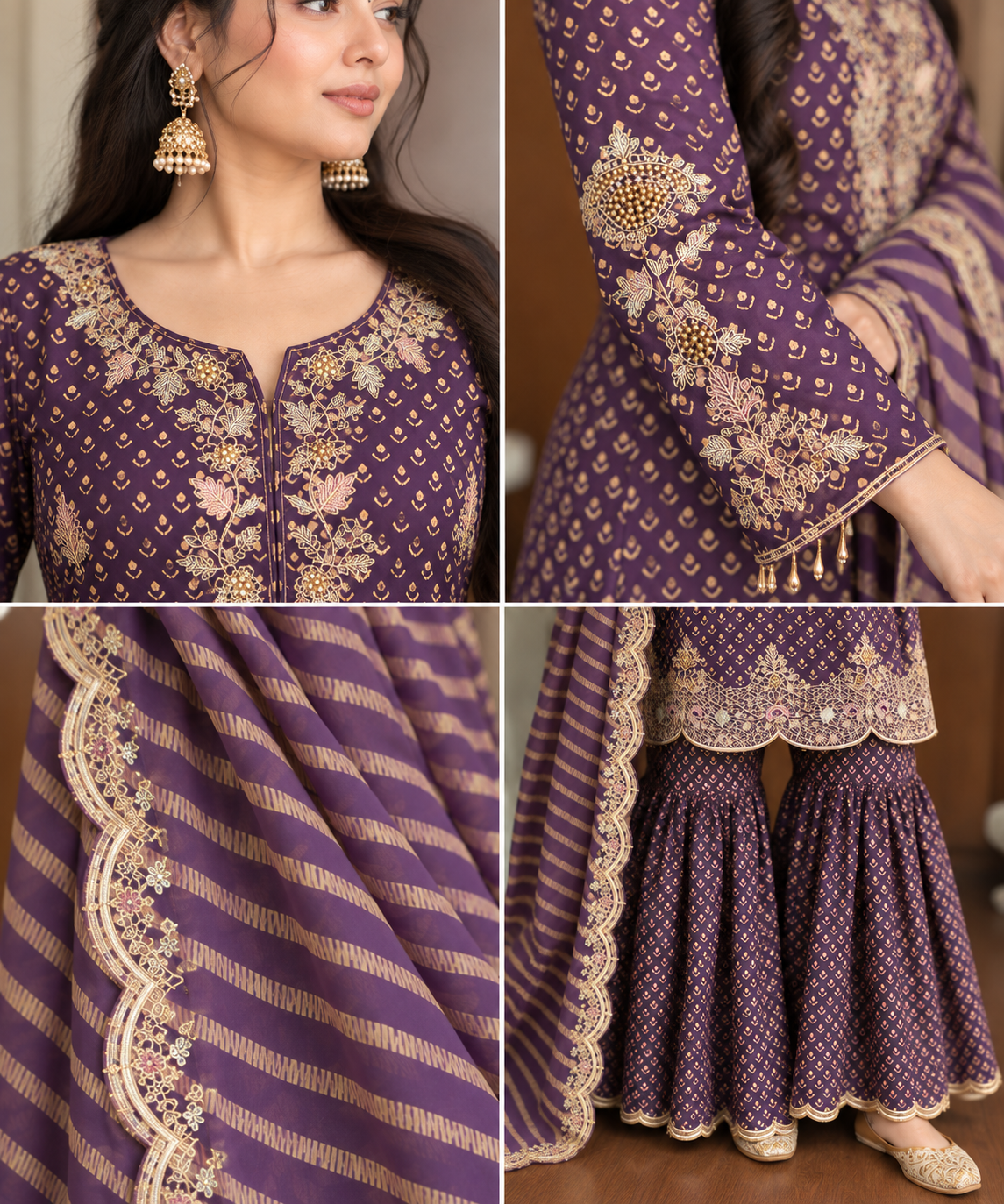 Embroidered Chinon Kurti Sharara Set with Border Dupatta [Deep Purple]