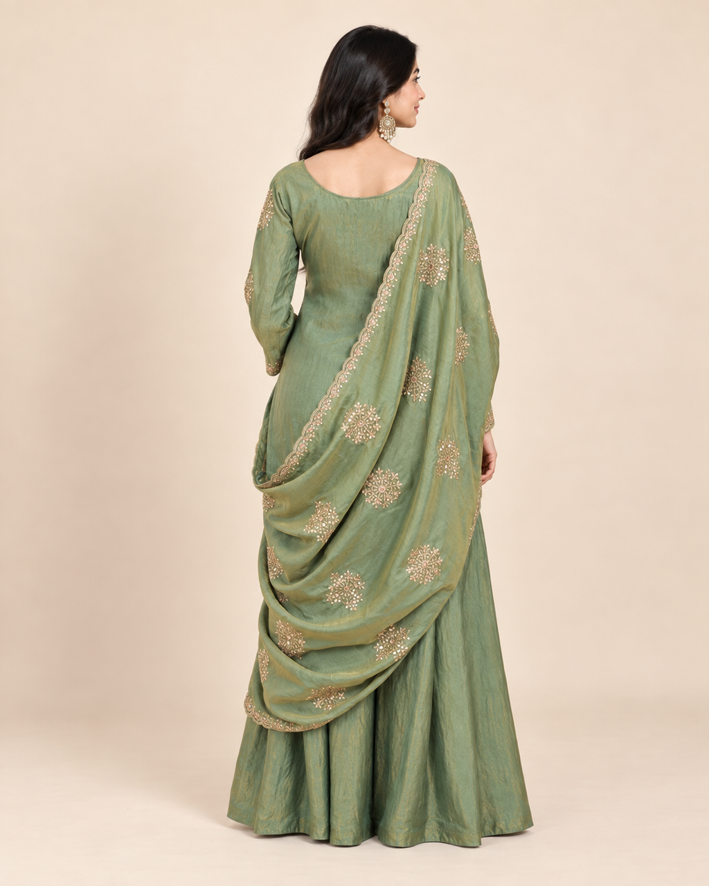 Women’s Embroidered Fandy Straight Kurta Palazzo Dupatta Set – PRMP-SE-J-8-9 [mehendi green]