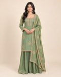 Women’s Embroidered Fandy Straight Kurta Palazzo Dupatta Set – PRMP-SE-J-8-9 [mehendi green]