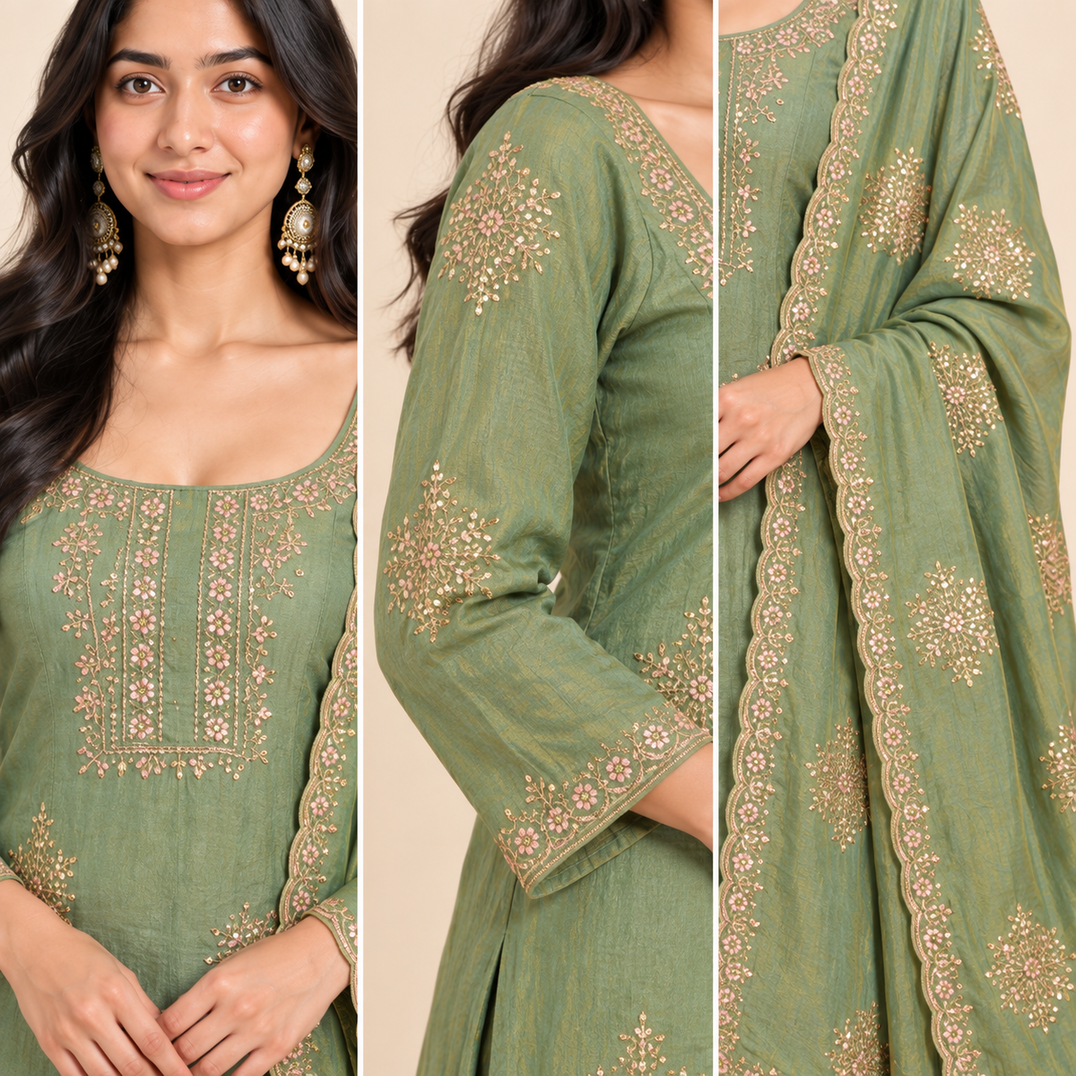 Women’s Embroidered Fandy Straight Kurta Palazzo Dupatta Set – PRMP-SE-J-8-9 [mehendi green]