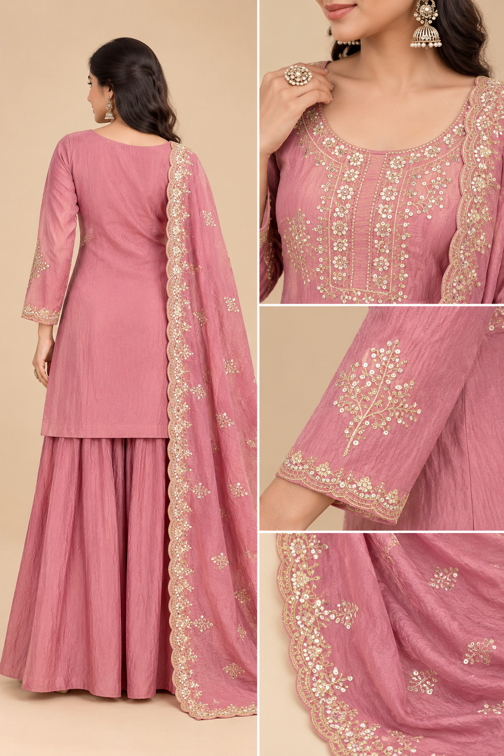 Women’s Embroidered Fandy Straight Kurta Palazzo Dupatta Set – PRMP-SE-J-8-9 [Dusty Rose Pink]