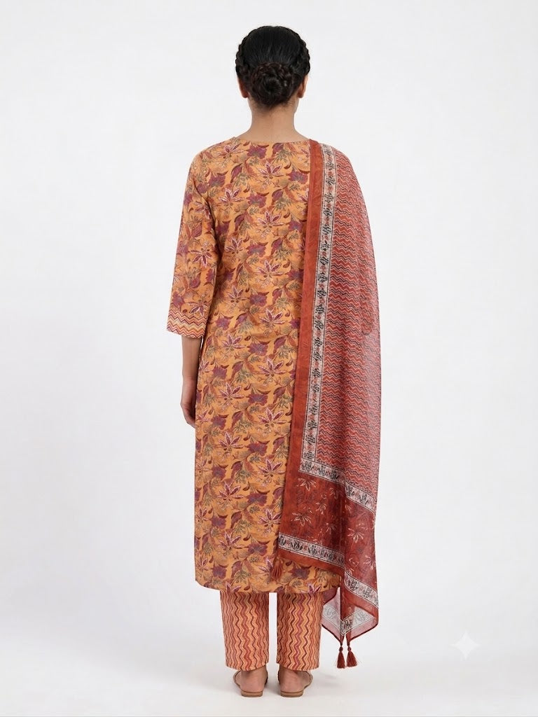 Mustard Floral Printed Cotton Kurta Set with Rust Dupatta