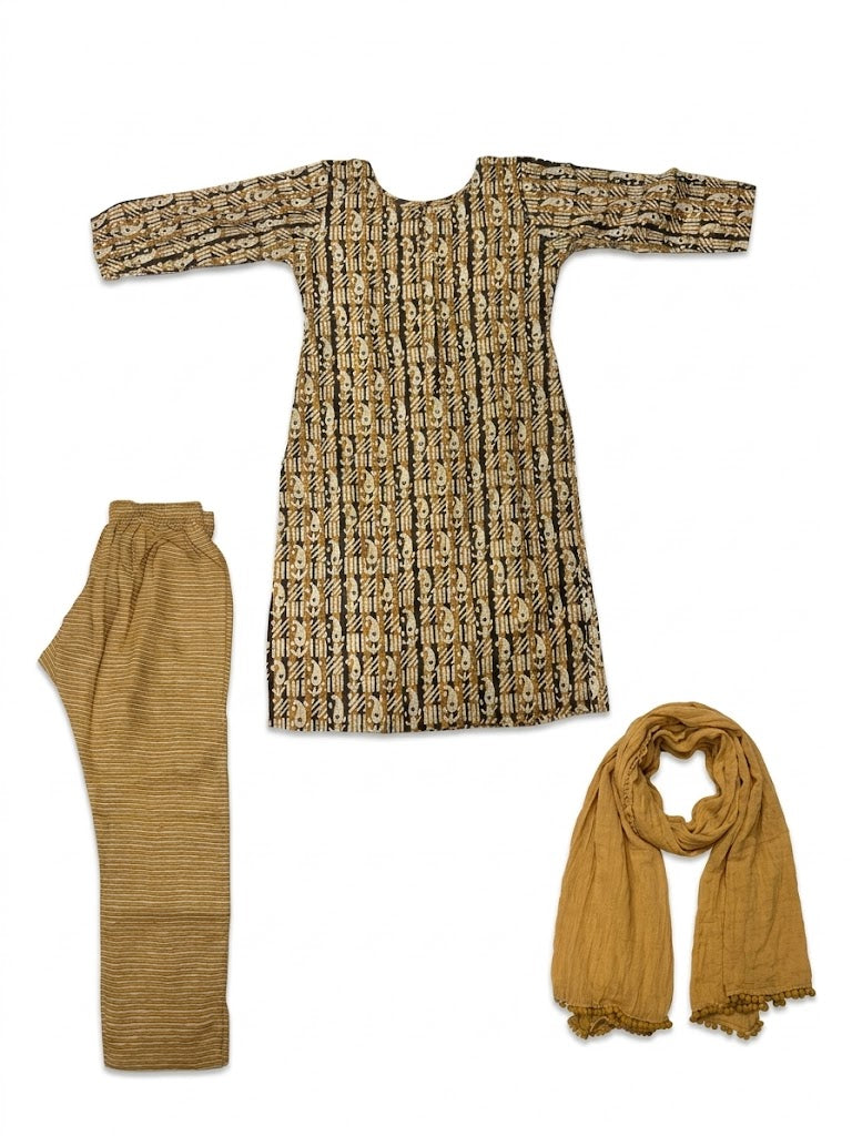Beige Block Printed Cotton Kurta Set with Mustard Dupatta