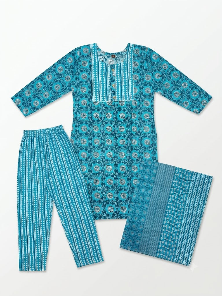 Sky Blue Floral Printed Cotton Kurta Set with Dupatta