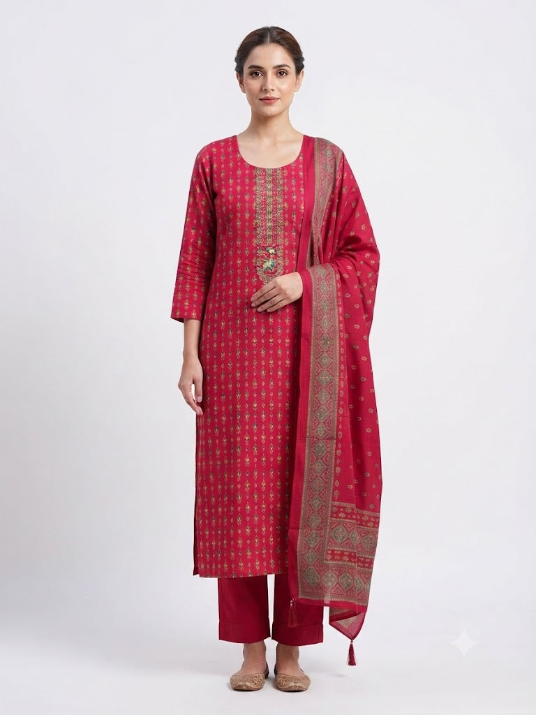 Rani Pink Ethnic Printed Cotton Kurta Set with Woven Dupatta