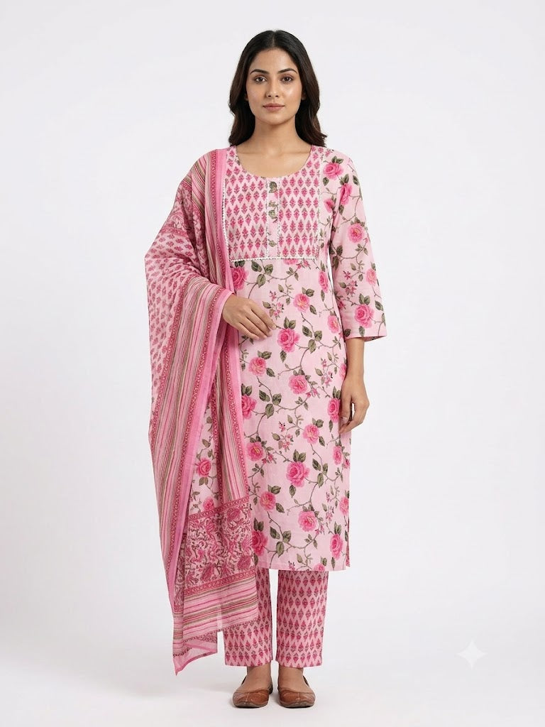 Blush Pink Floral Printed Cotton Kurta Set with Dupatta