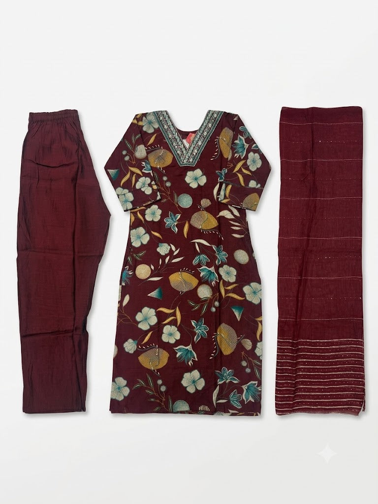 Wine Floral Printed Cotton Kurta Set with Striped Dupatta